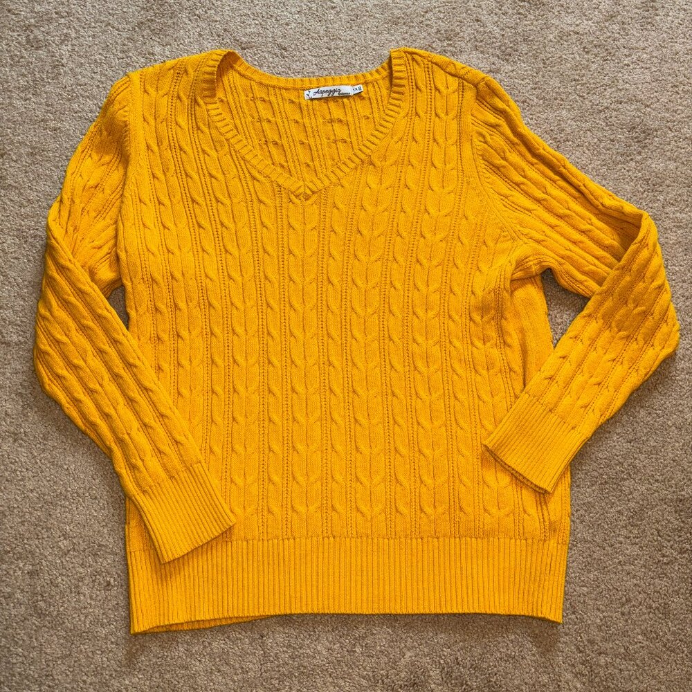 Bright Golden Yellow Cotton V-Neck Cable Sweater 1X
